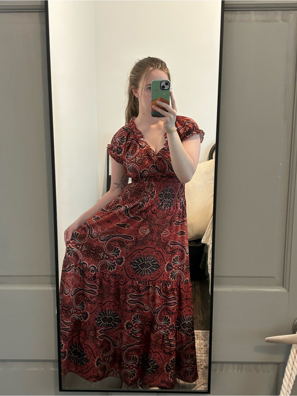 Rust Red Paisley Maxi Dress with V-Neck